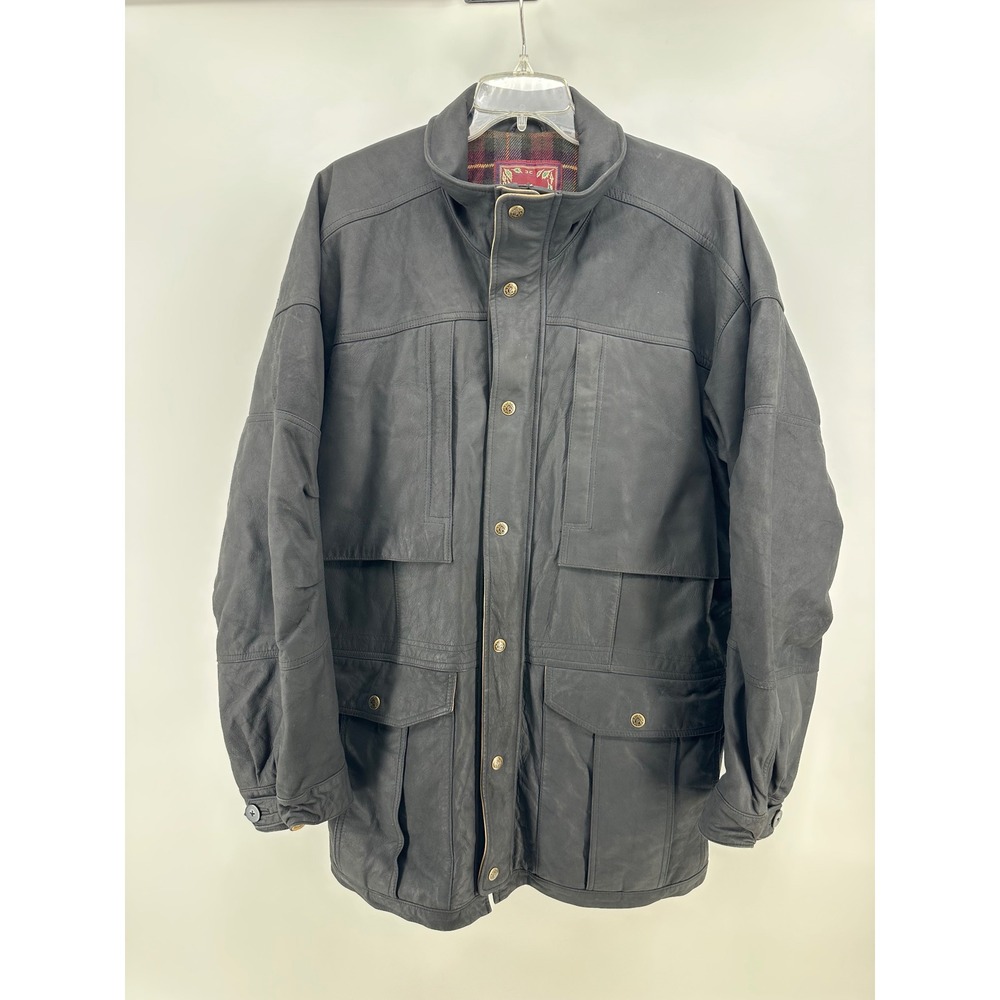 The Territory Ahead Mens Large Black Genuine Leather Plaid Lined Field Jacket